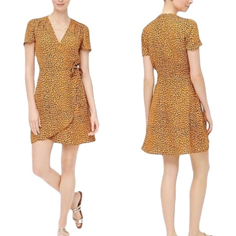 J Crew Golden Brown Polka Dot Leopard Print Wrap Dress 6